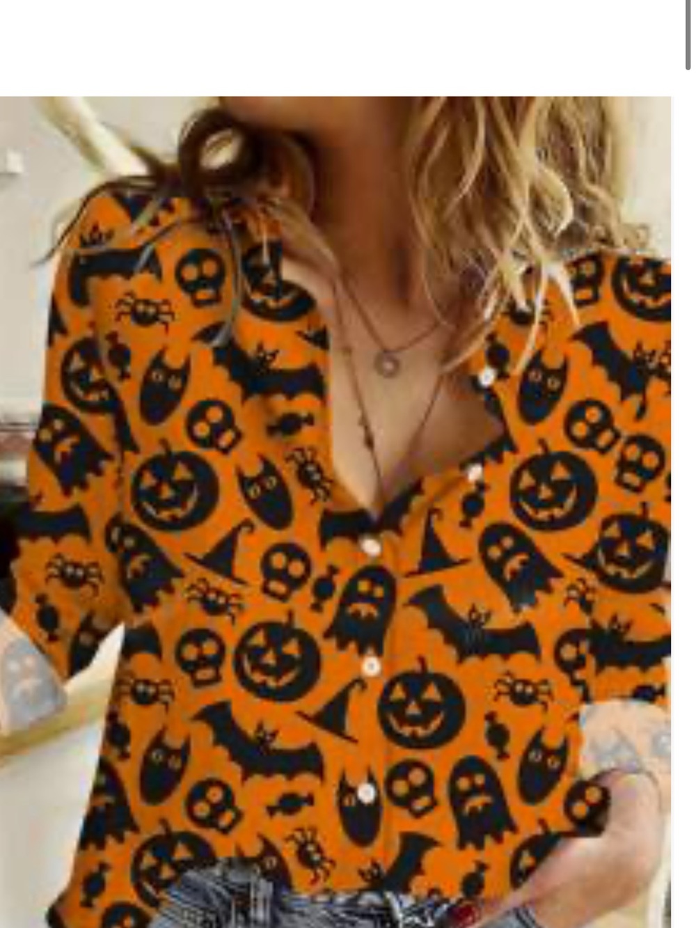 Halloween Print Orange Button-Down Women's Top